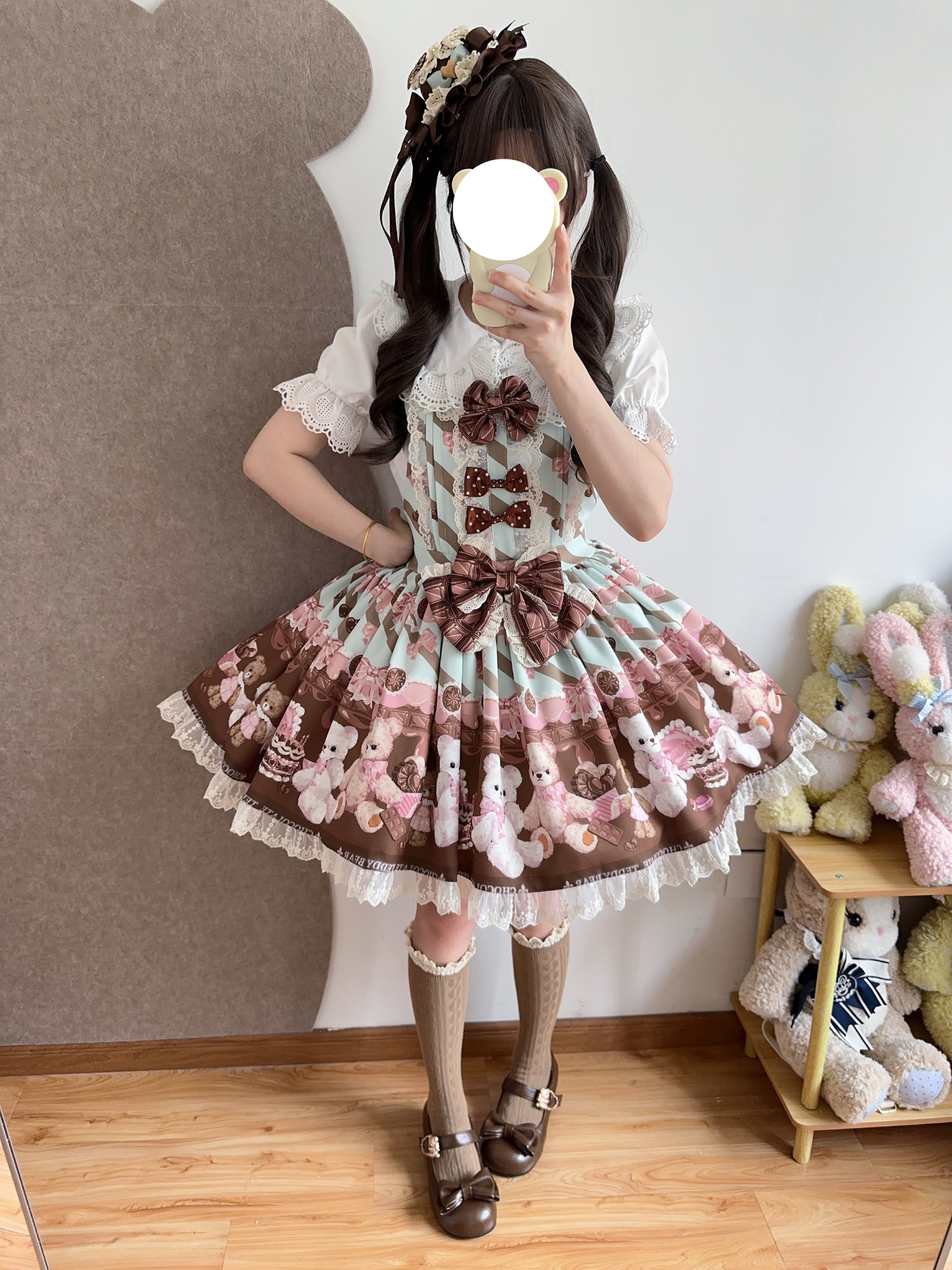 Sweet Lolita Teddy Bear Mint Green Plush Print Jumperskirt