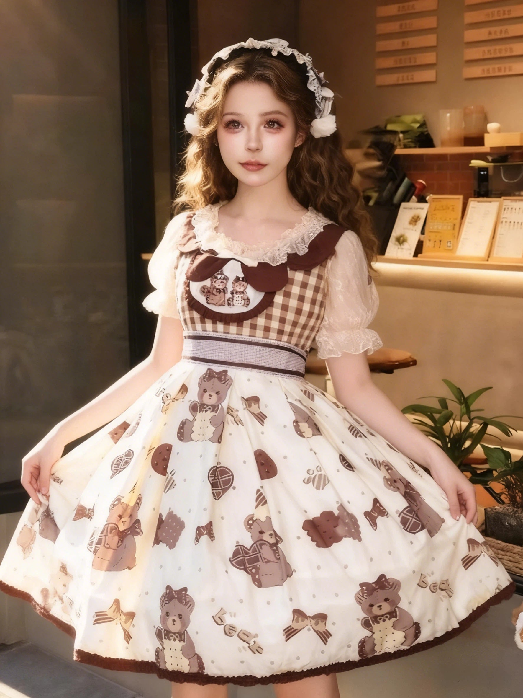 Sweet Lolita Teddy Bear JSK Dress Cream Brown Checked Print with Ruffled Sleeves