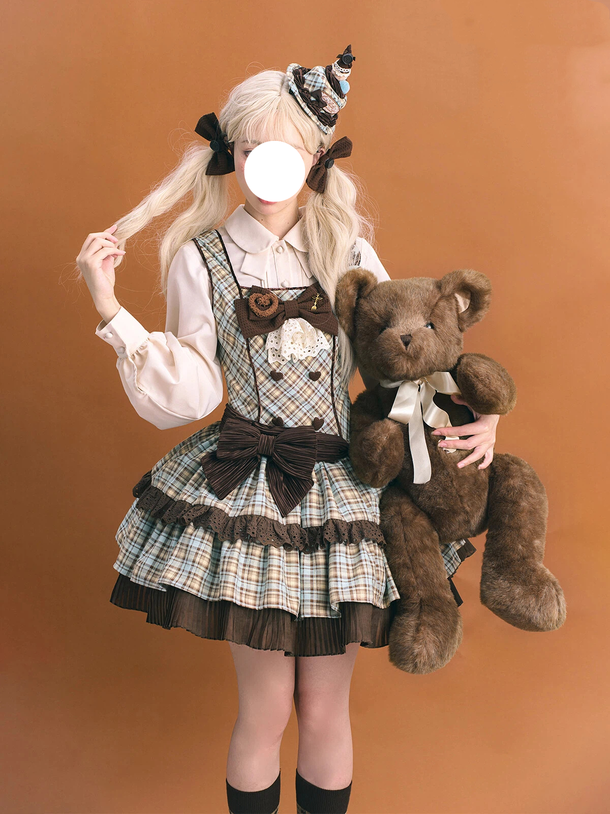 Sweet Lolita Vintage Plaid Chocolate Mint Checked Print with Bow Accents