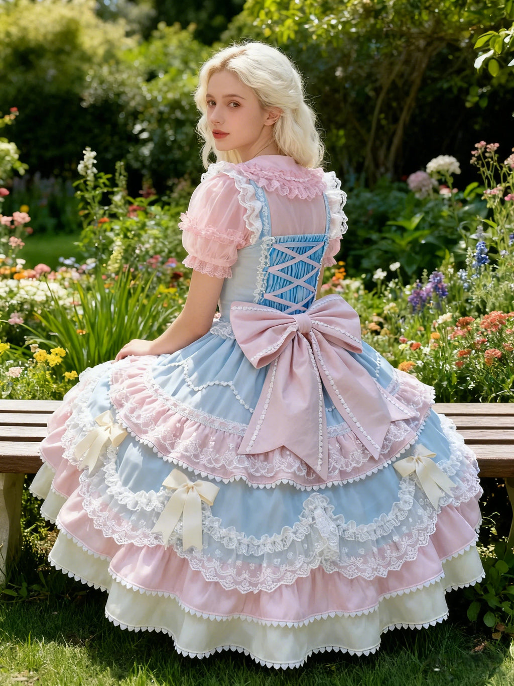 Sweet Lolita Blue Pink Bow Cake Dress Frilly Lace Princess Ball Gown for Party