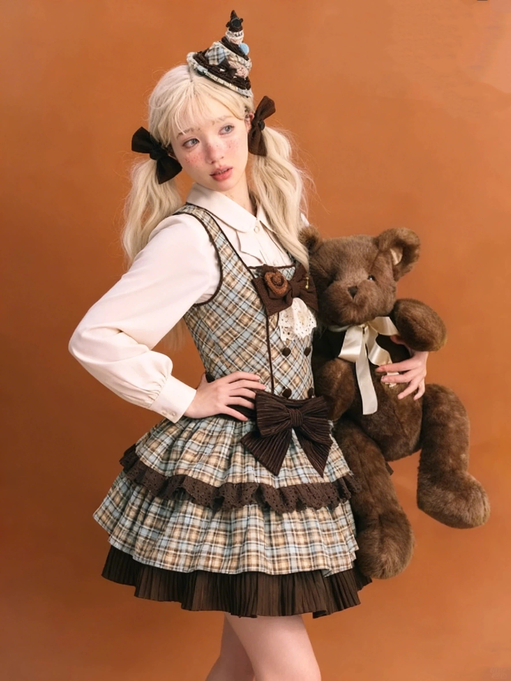 Sweet Lolita Plaid Chocolate Mint Checked Print with Bow Accents