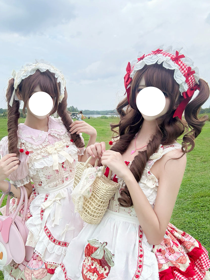 Sweet Lolita Strawberry Apron JSK Set Red White Ruffled Dress Headband
