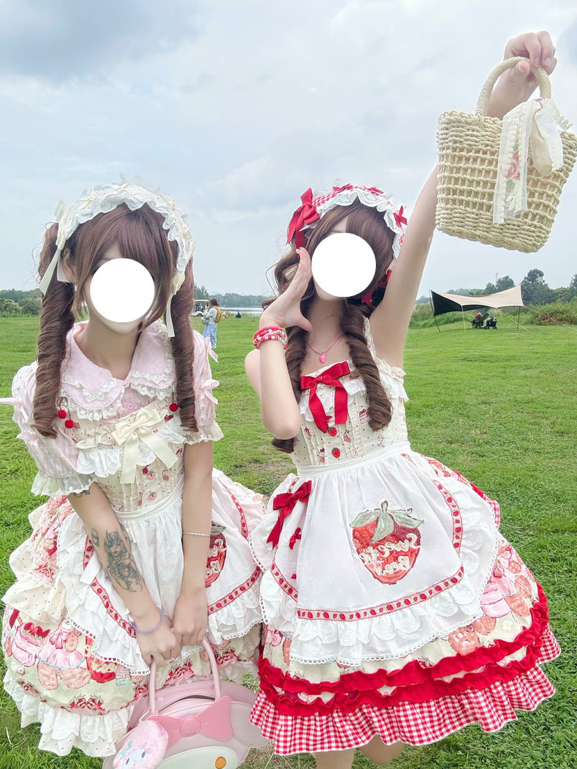 Sweet Lolita Strawberry Apron JSK Set Red White Ruffled Dress Headband