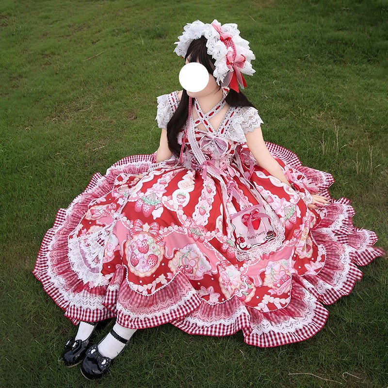 Sweet Lolita Strawberry JSK Dress Red Pink Ruffled Lace Checked Print