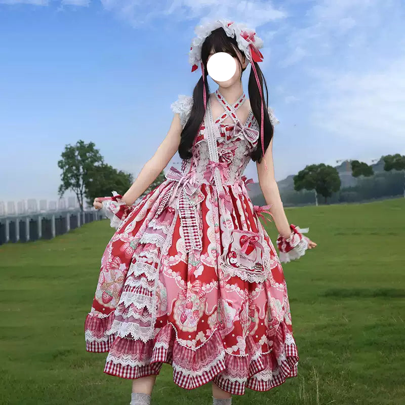 Sweet Lolita Strawberry JSK Dress Red Pink Ruffled Lace Checked Print