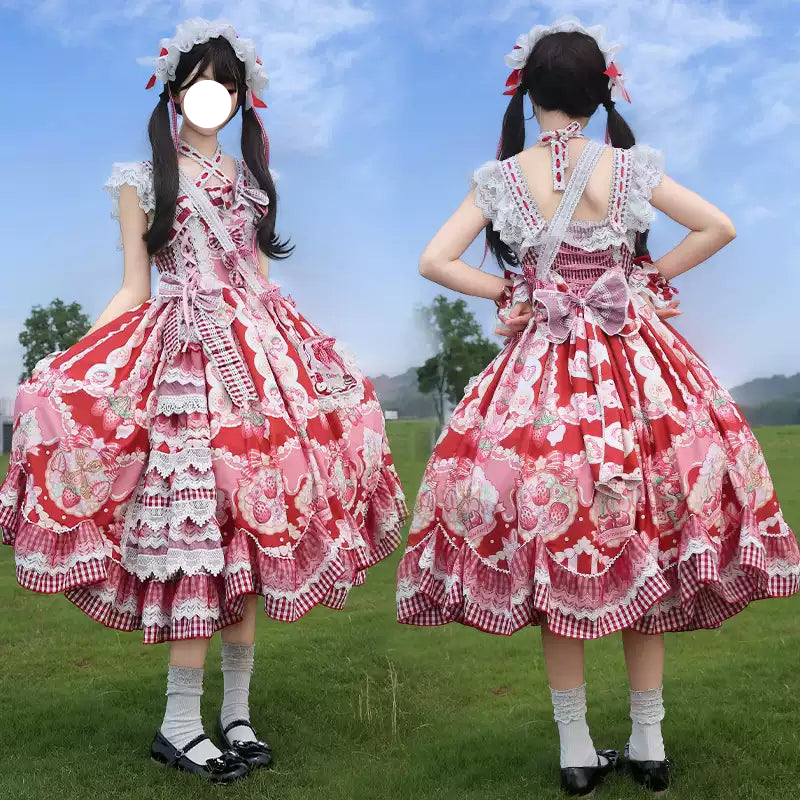 Sweet Lolita Strawberry JSK Dress Red Pink Ruffled Lace Checked Print