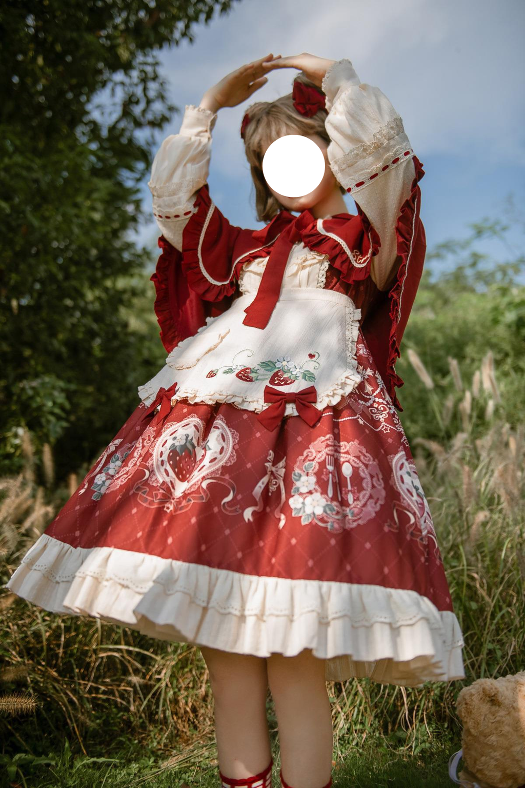 Sweet Lolita Strawberry OP Dress with Cape Burgundy Cream Ruffled Embroidery Set