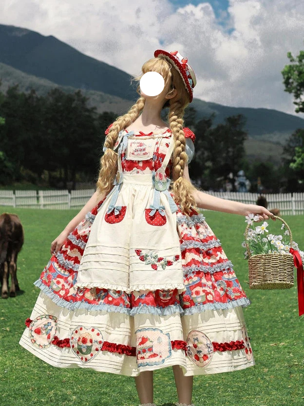 Sweet Lolita Strawberry Tart Dress Red White Rose Print Ruffled Apron
