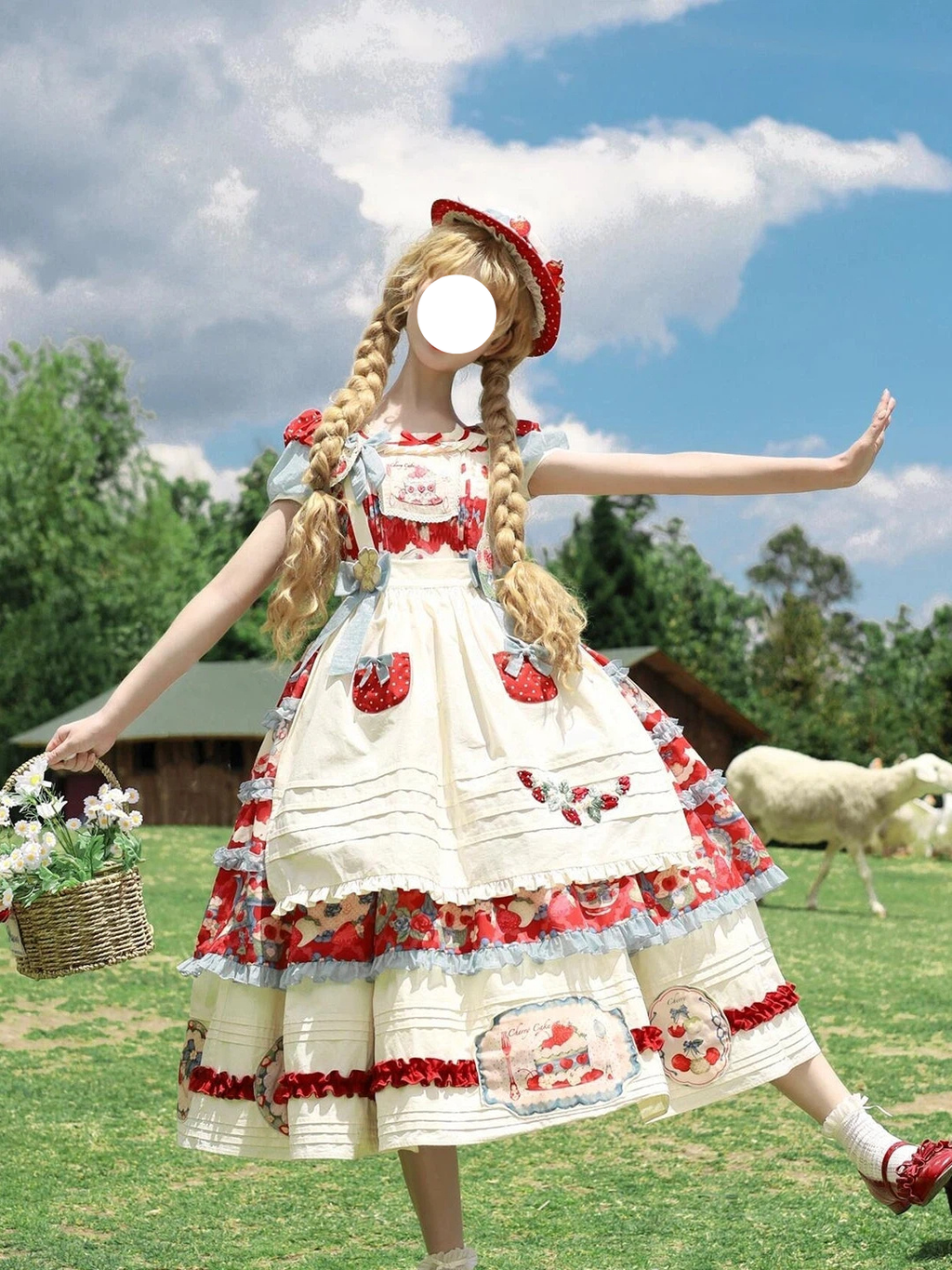 Sweet Lolita Strawberry Tart Dress Red White Rose Print Ruffled Apron