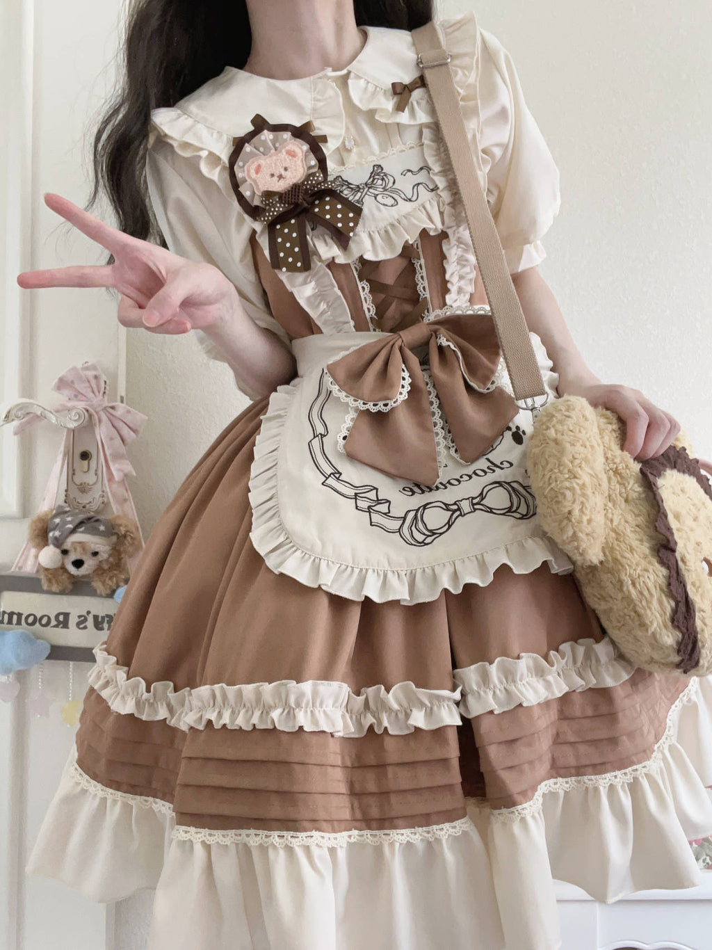 Sweet Lolita Bear Themed Chocolate Khaki Brown Ruffled Apron Jumperskirt