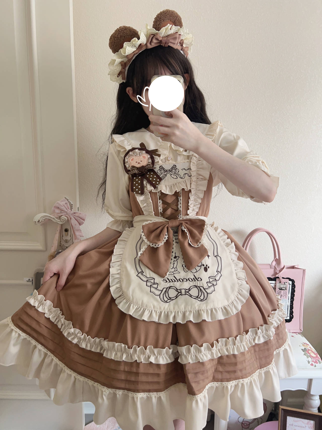 Sweet Lolita Bear Themed Chocolate Khaki Brown Ruffled Apron Jumperskirt
