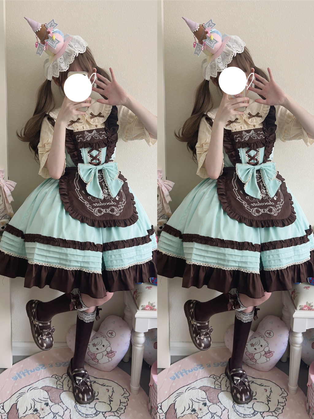 Sweet Lolita Bear Themed Mint Green Brown Ruffled Apron Cake Dress Party