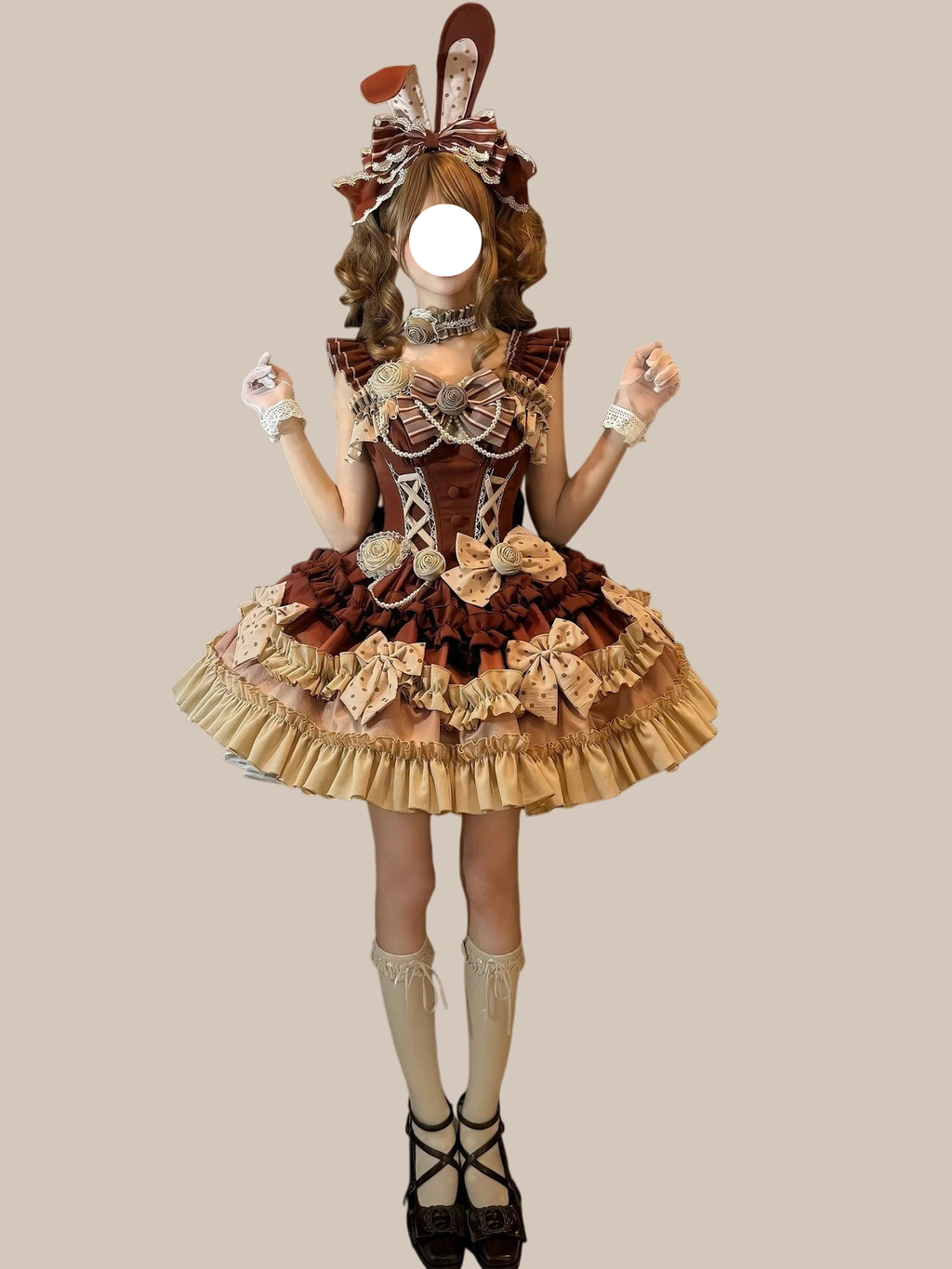 Sweet Lolita Bunny Themed Caramel Cocoa Chocolate Ruffled Lace One-Piece