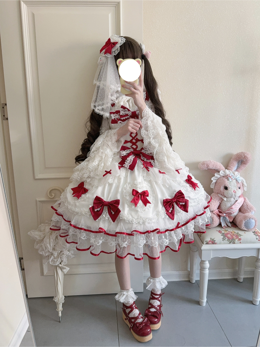 Sweet Lolita Burgundy Bow Dream Dress Ivory Ruffled Gown