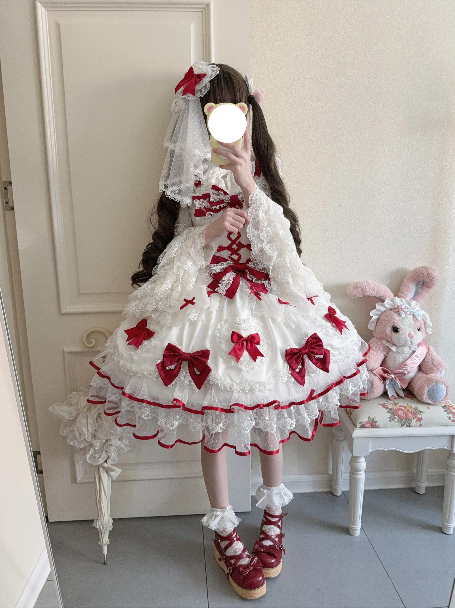 Sweet Lolita Burgundy Bow Dream Dress Ivory Ruffled Gown