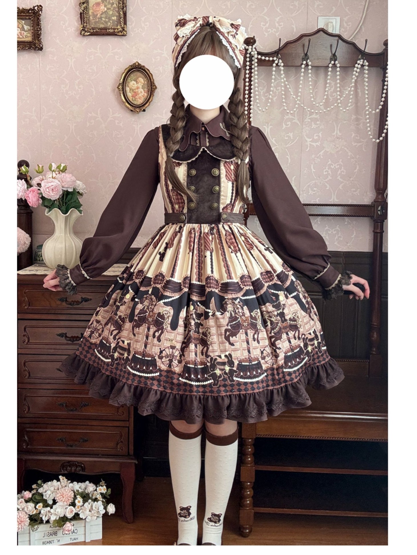 Sweet Lolita Carousel Themed Dress Pink Chocolate Brown Beige Vintage Print