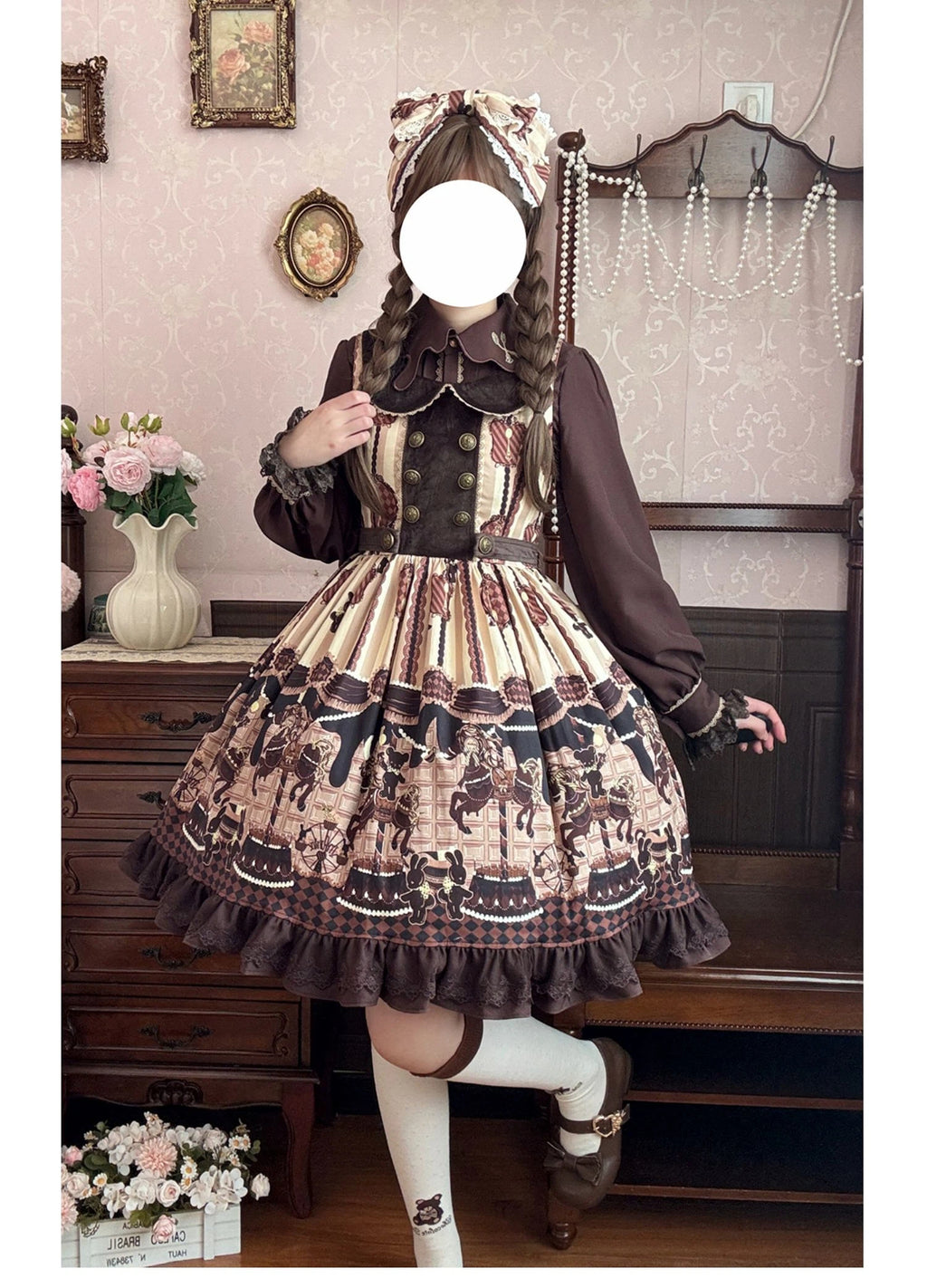 Sweet Lolita Carousel Themed Dress Pink Chocolate Brown Beige Vintage Print