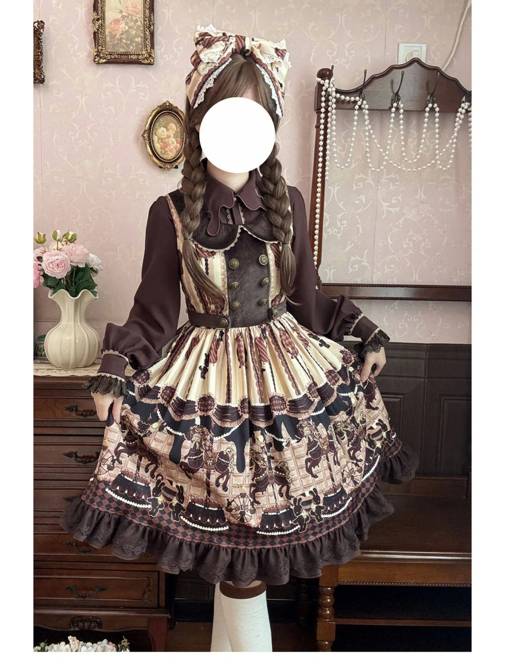 Sweet Lolita Carousel Themed Dress Pink Chocolate Brown Beige Vintage Print