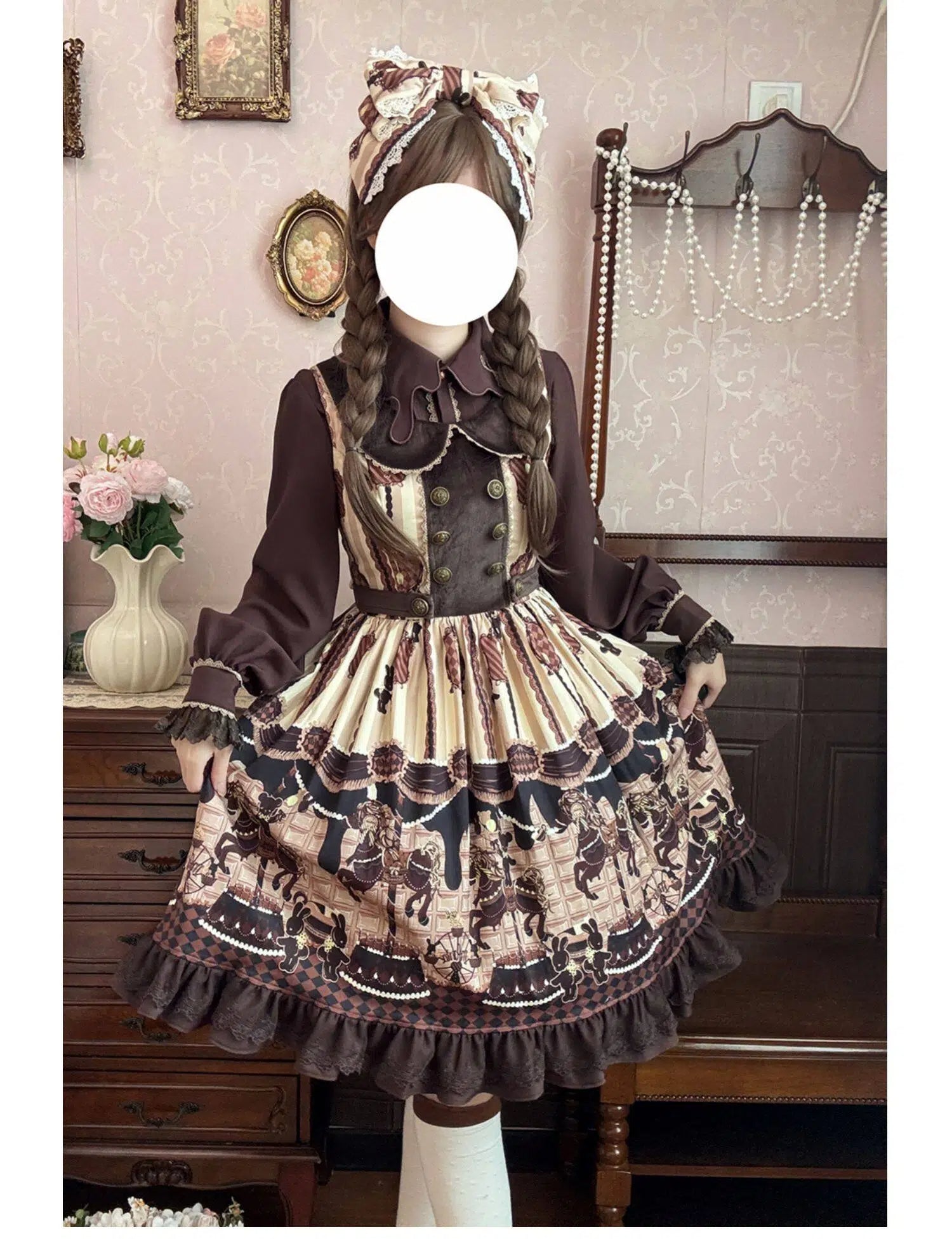Sweet Lolita Carousel Themed Dress Pink Chocolate Brown Beige Vintage Print
