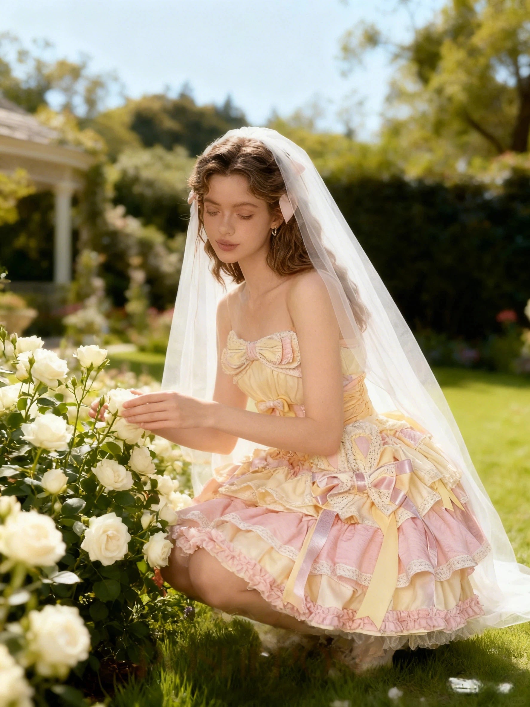 Sweet Lolita Macaron Pink Yellow Kawaii Princess Ball Gown for Tea Party