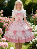 Sweet Lolita Pink Ruffled Bow Cake Dress Frilly Lace Princess Ball Gown for Party