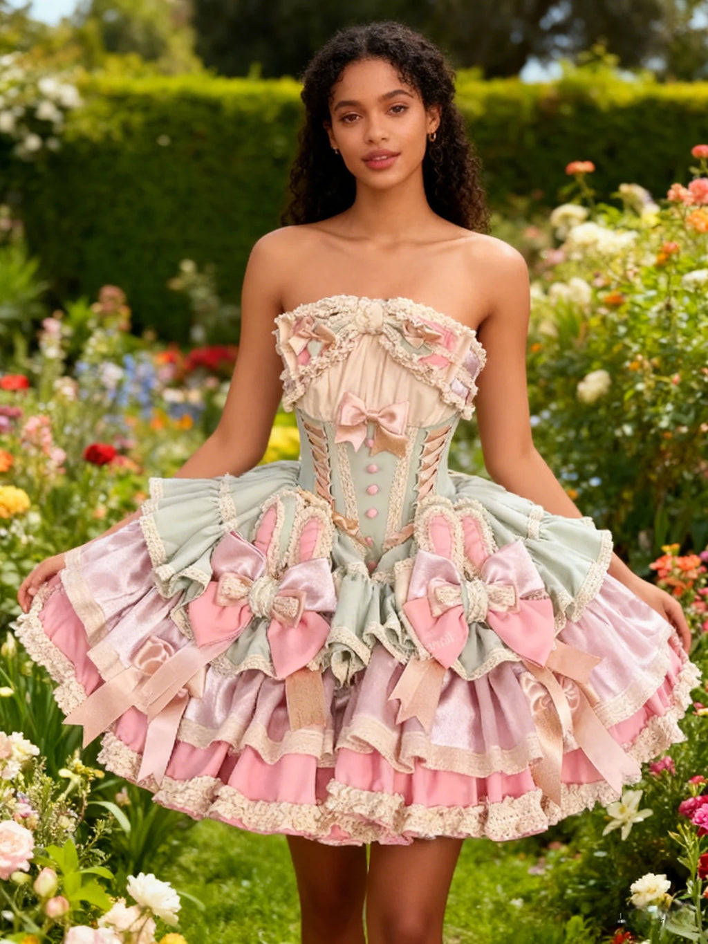 Sweet Lolita Sage Green Pink Kawaii Princess Ball Gown for Tea Party