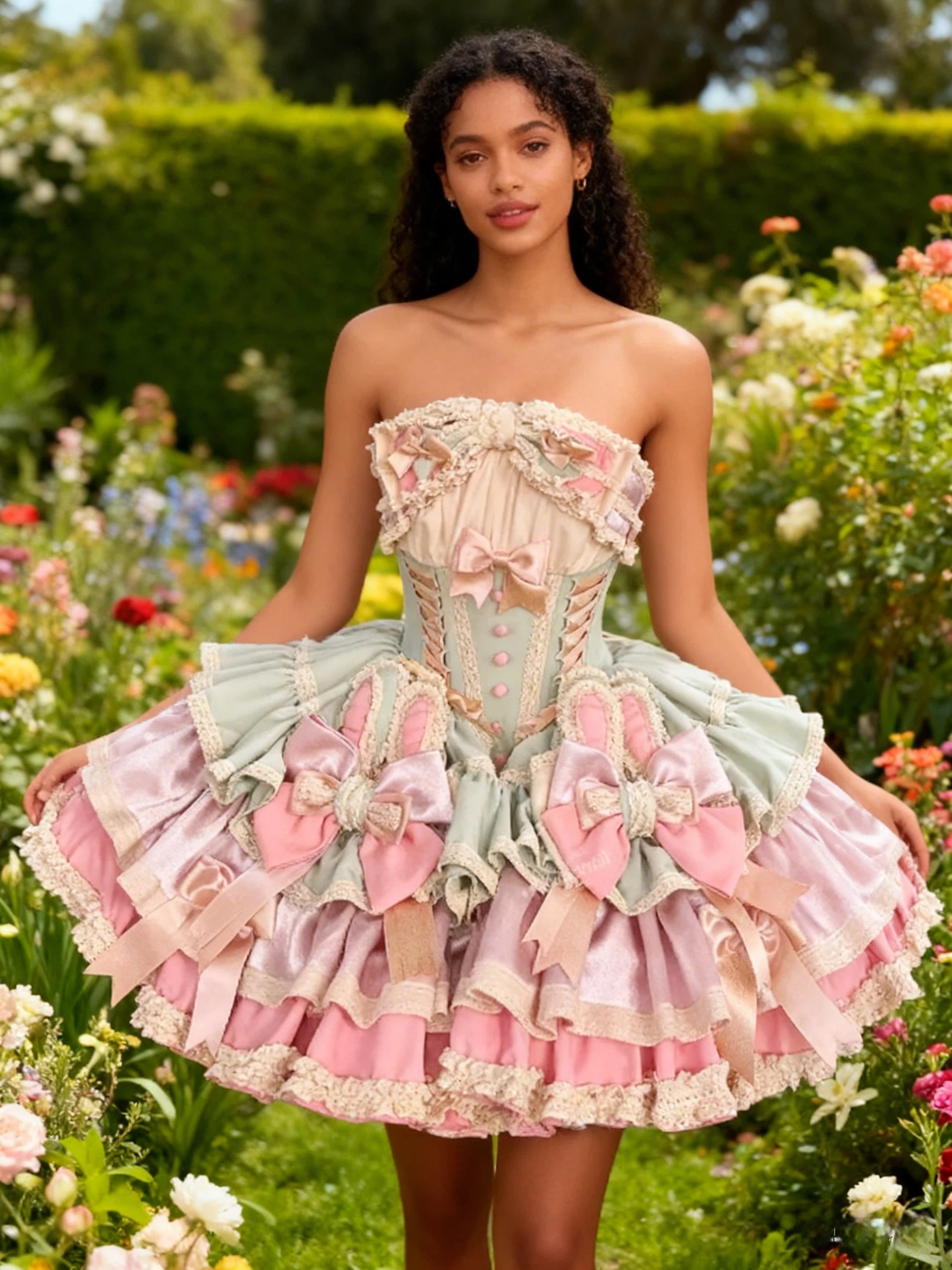 Sweet Lolita Sage Green Pink Kawaii Princess Ball Gown for Tea Party