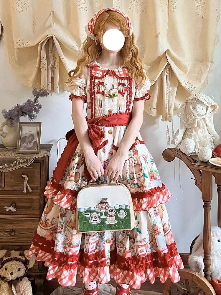 Sweet Lolita Picnic Strawberry OP Dress with Ruffles and Gingham Apron Details