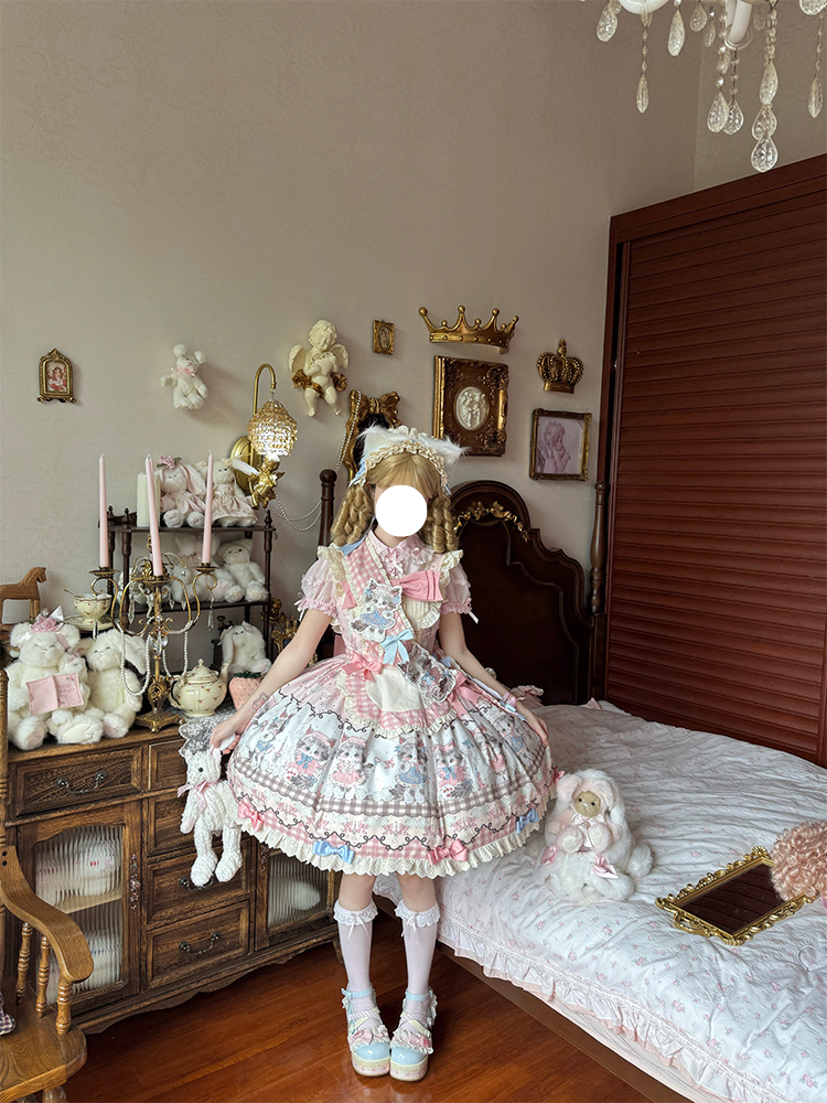 Sweet Lolita Pink Black Meow Meow JSK Fluffy Cat Print Pastel Dress 2 Colors