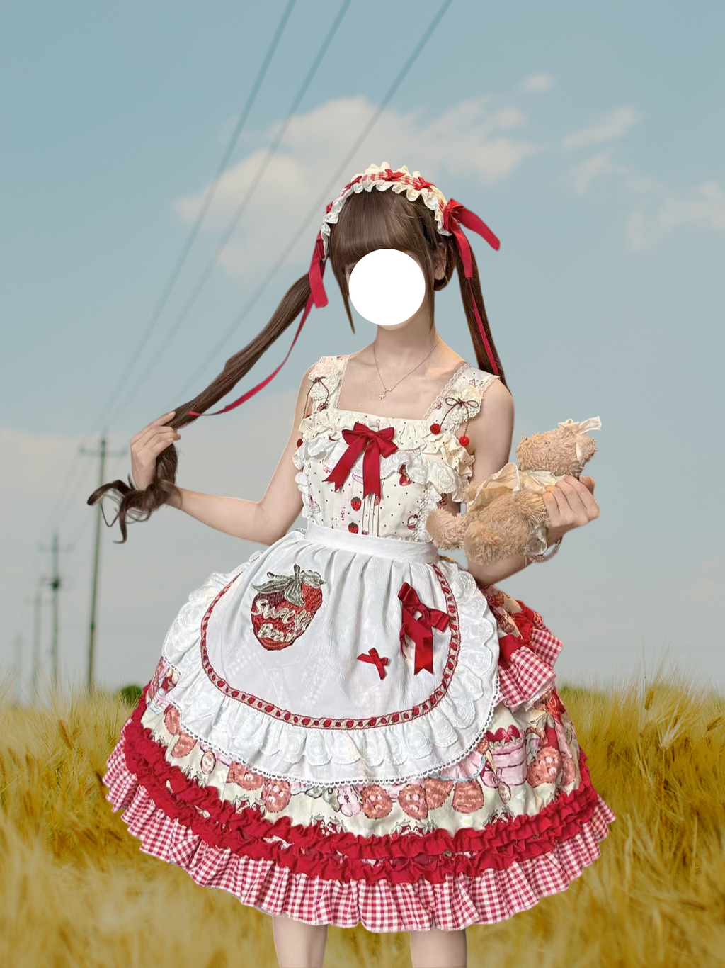Sweet Lolita Strawberry Apron JSK Set Red White Ruffled Dress Headband
