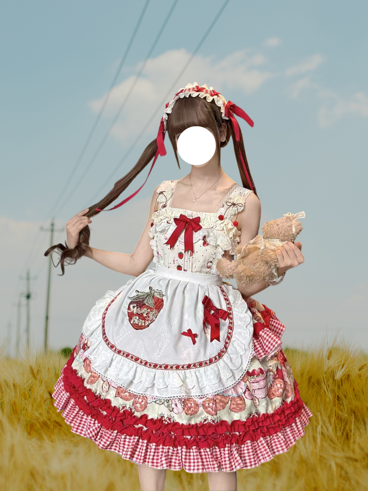 Sweet Lolita Strawberry Apron JSK Set Red White Ruffled Dress Headband