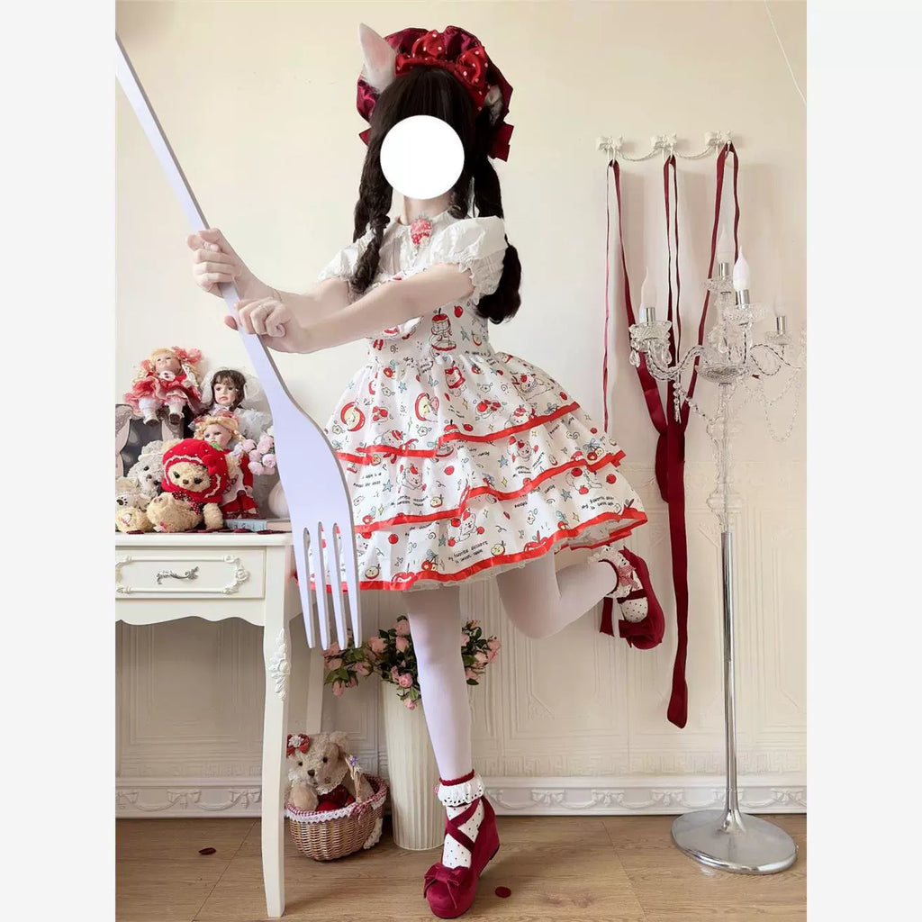 Sweet Lolita Strawberry Doll OP Dress Cute Printed Short-Sleeve Gown