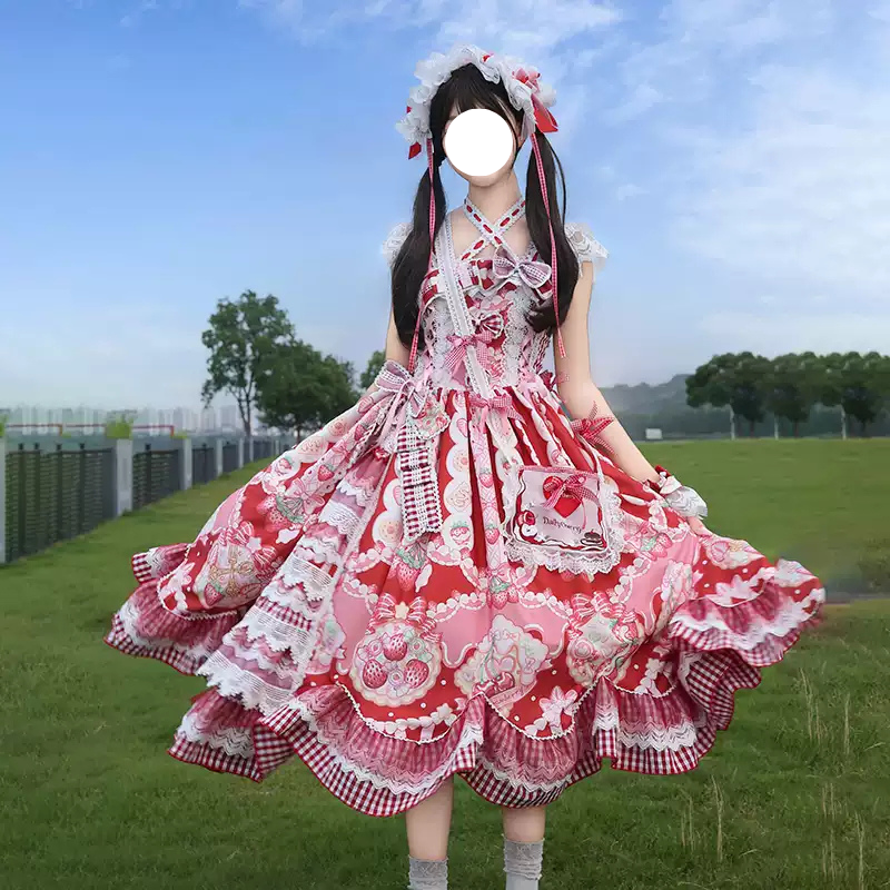 Sweet Lolita Strawberry JSK Dress Red Pink Ruffled Lace Checked Print