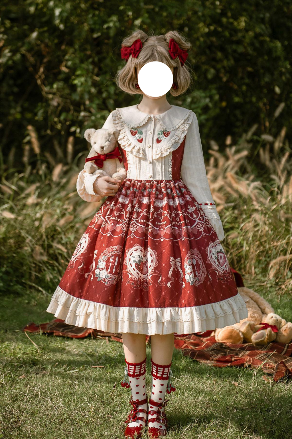 Sweet Lolita Strawberry OP Dress with Cape Burgundy Cream Ruffled Embroidery Set