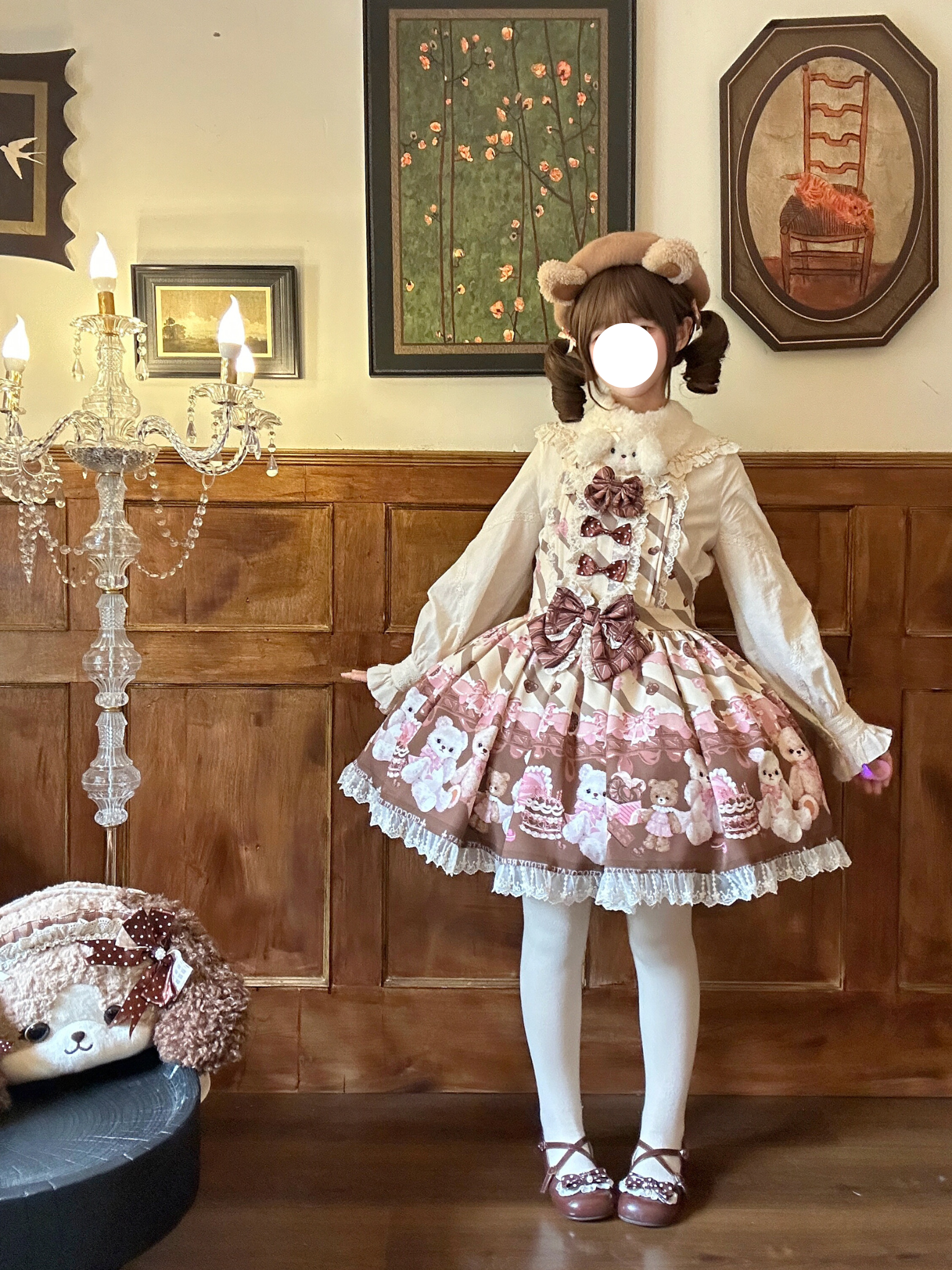 Sweet Lolita Teddy Bear Beige Cream Pink Plush Print Jumperskirt