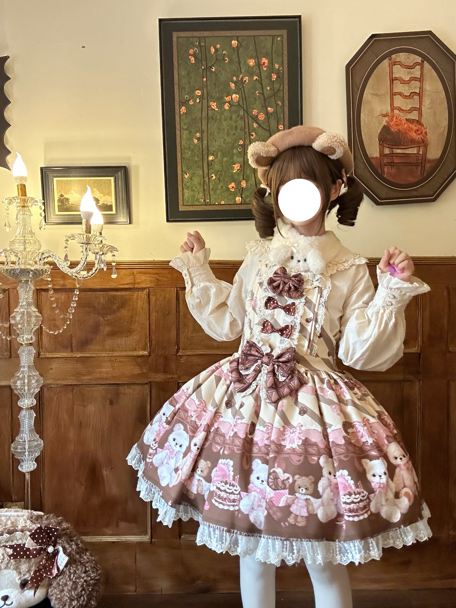 Sweet Lolita Teddy Bear Beige Cream Pink Plush Print Jumperskirt