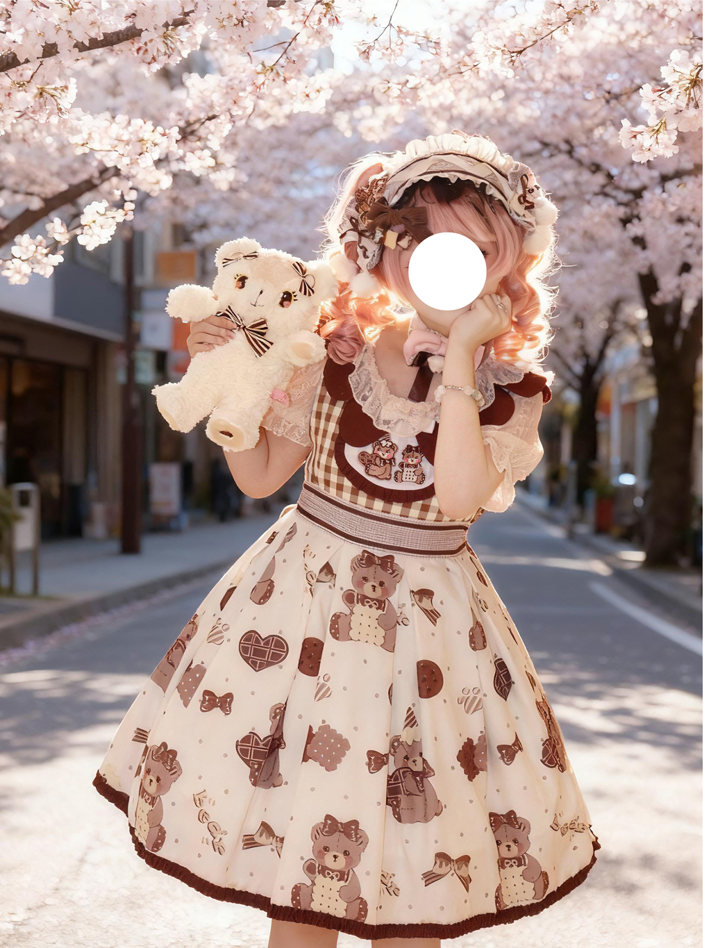 Sweet Lolita Teddy Bear JSK Dress Cream Brown Checked Print with Ruffled Sleeves