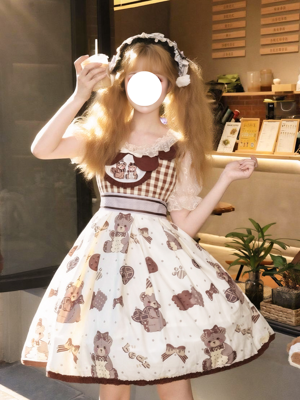 Sweet Lolita Teddy Bear JSK Dress Cream Brown Checked Print with Ruffled Sleeves