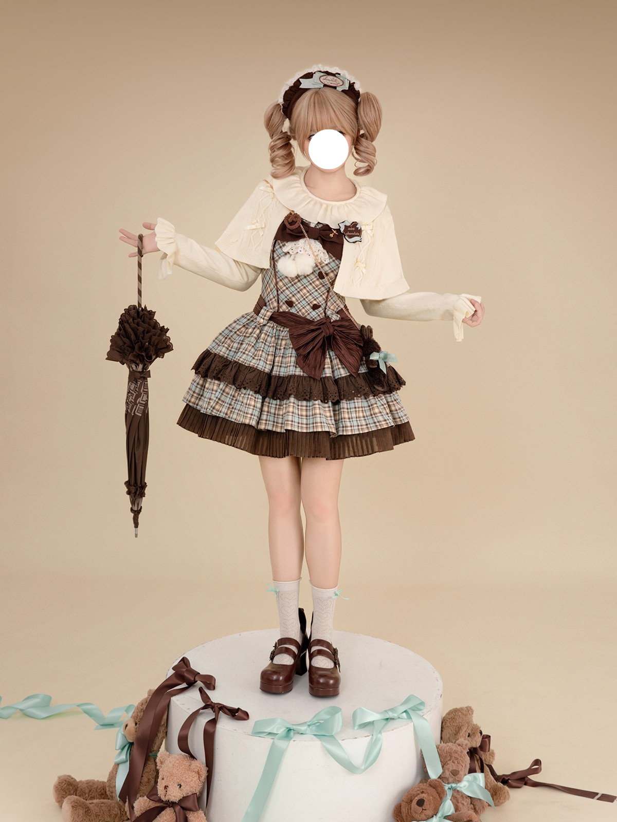 Sweet Lolita Vintage Plaid Chocolate Mint Checked Print with Bow Accents