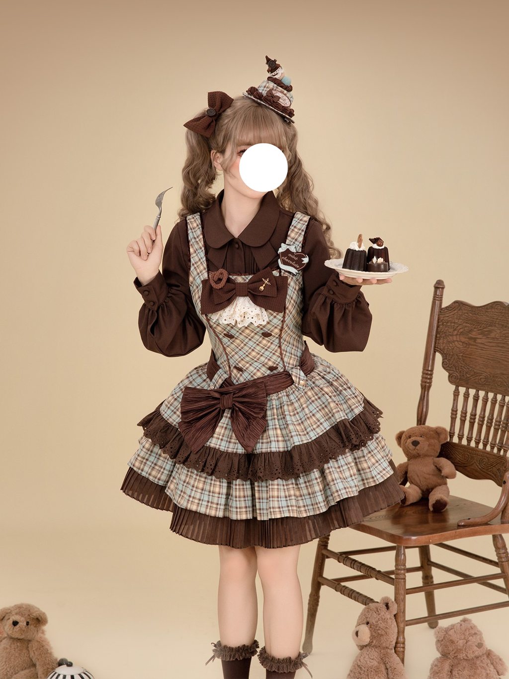 Sweet Lolita Vintage Plaid Chocolate Mint Checked Print with Bow Accents